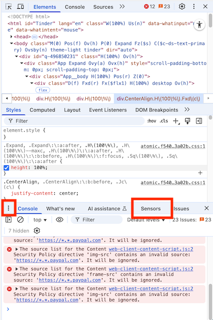 Chrome 개발자 도구의 Sensors 탭